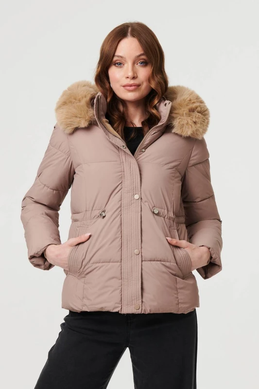 Image of Izabel London Womens Faux Fur Trim Hood Puffer Jacket in Beige Size: Large Beige Female L