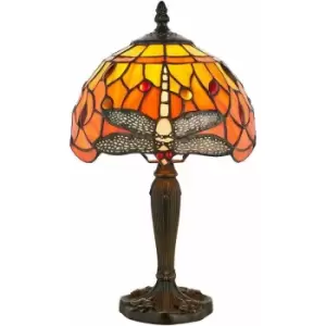 image of Tiffany Glass Table Lamp Light Dark Bronze Base & Orange Dragonfly Shade i00195