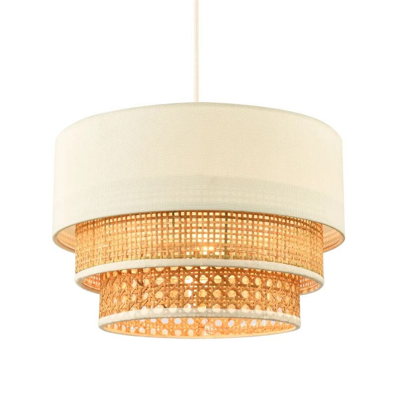 Image of Happy Homewares Contemporary Triple Tier Cream Linen & Natural Rattan Pendant Shade in Brown Brown Unisex