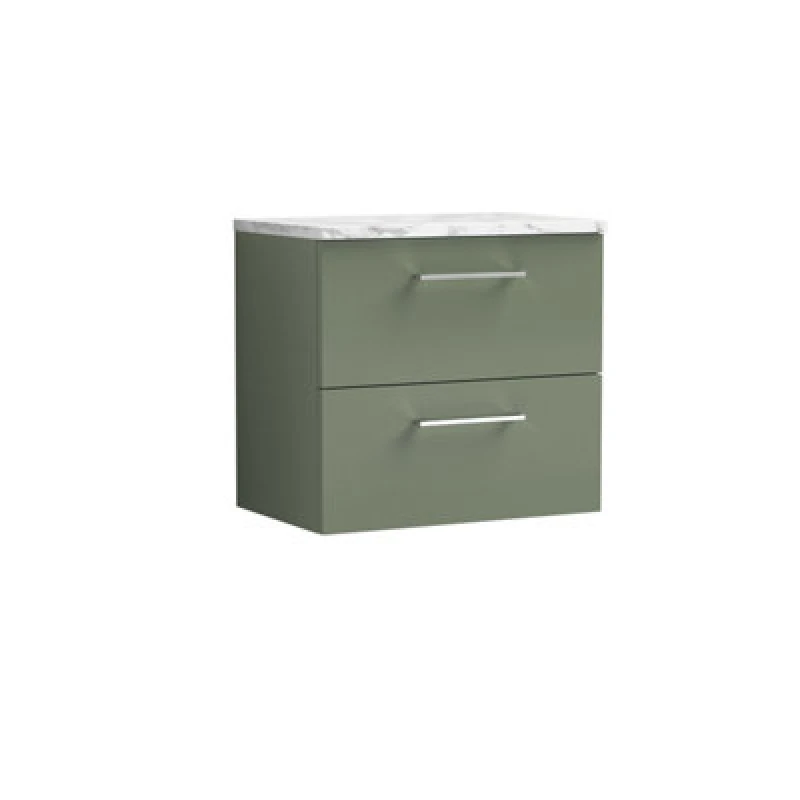 Image of Nuie Arno Wall Hung 2-Drawer Vanity Unit With Laminate Worktop In Satin Green Premium Counter Top Vanity Unit In Satin Green