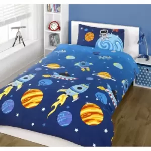 image of Rapport - Rocket Duvet Quilt Cover Single Bed Outer Space Ship Stars Ufo Bedding Set Blue