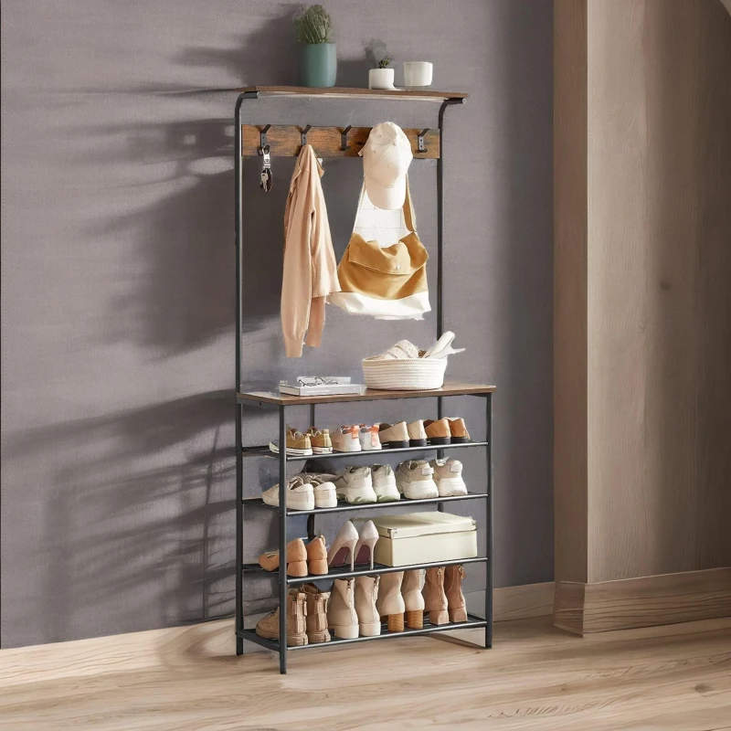 Image of Rafaelo Mobilia Industrial Rustic Hallway Tree Coat Stand With 5 Tier Shoe Rack in Dark Brown Dark Brown Unisex