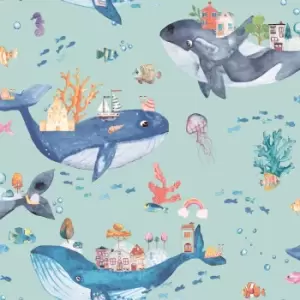 image of Holden Whale Town Soft Teal Childrens Wallpaper