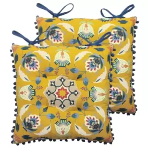 Image of Furn. Folk Flora Pintuck Polyester Filled Seat Pads With Ties (pack Of 2) Cotton Ochre