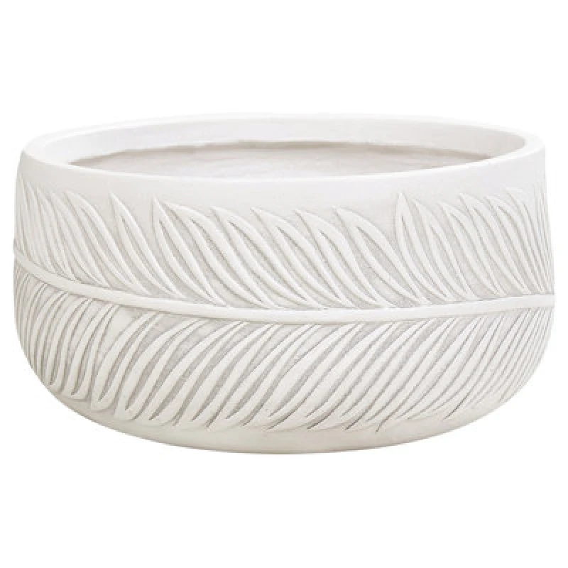 Image of BELIANI Beliani - Garden Outdoor Plant Pot Planter Leaf Motif Round Stone Clay Fibre 35x35x19cm White Ftero 404953