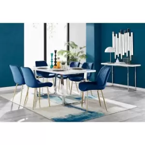 Image of Furniture Box Kylo White High Gloss Dining Table and 6 Navy Pesaro Gold Leg Chairs