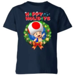 Image of Nintendo Super Mario Toad Happy Holidays Kid's Christmas T-Shirt - Navy - 11-12 Years