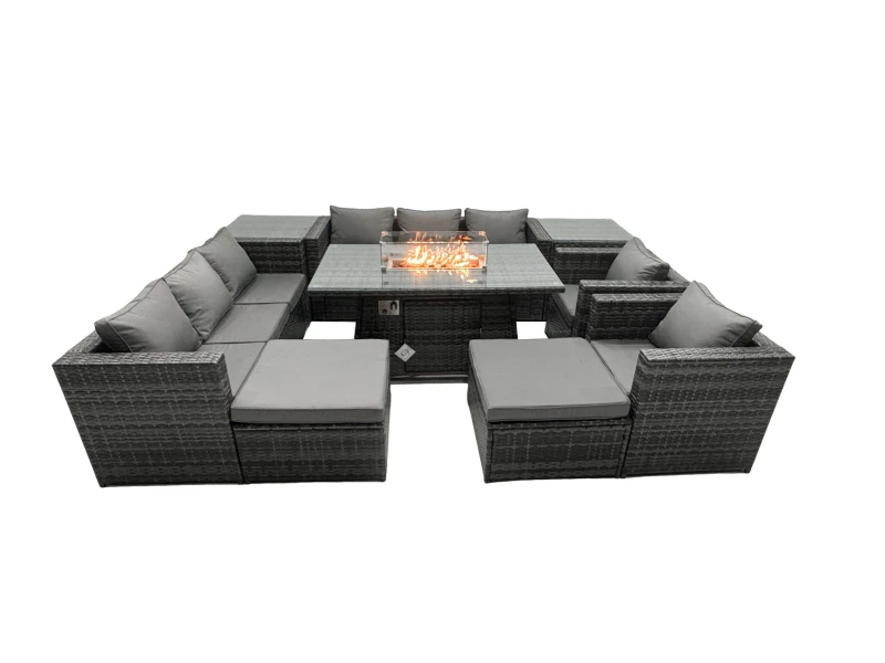 Image of Fimous Rattan Garden Furniture Firepit Dining Set 10 Seater Lounge Sofa Table Set with 2 side table 2 big Footstool Dark Grey