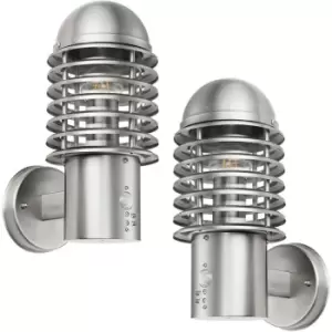 image of 2 PACK IP44 Outdoor Wall Lamp Brushed Steel Caged Lantern PIR Move Porch Light