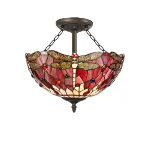 Image of 3 Light Semi Flush Ceiling E27 With 40cm Tiffany Shade, Purple, Pink, Crystal, Aged Antique Brass