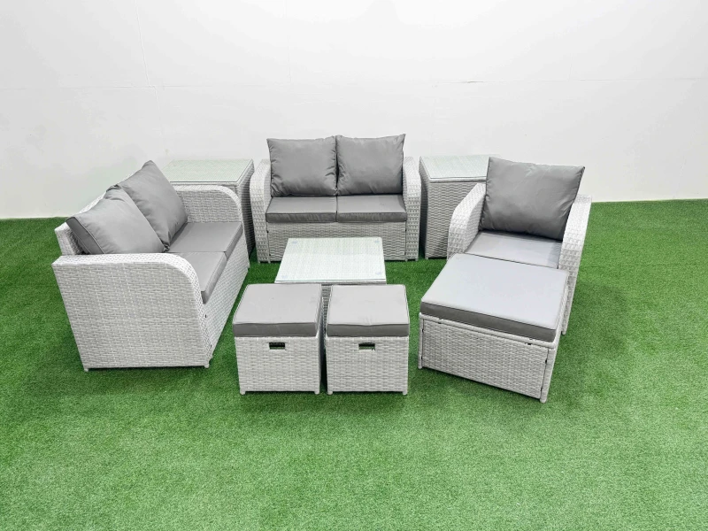 Image of Fimous High Back Poly Rattan Garden Furniture Set with Reclining Chair Loveseat Sofa Square Coffee Table Indoor Outdoor Patio Set 3 Stools 2 Side Tab