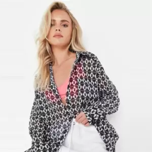 image of Missguided Petite Playboy Aop Oversized Beach Shirt - Black