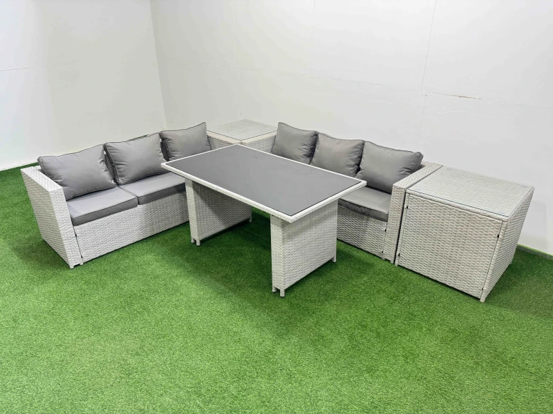 Image of Fimous 6-seater Patio Rectangular Table Sofa Set with 2 Side Tables in Light Grey Light Grey Unisex