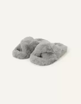 image of Accessorize Womens Faux Fur Crossover Sliders Grey, Size: M