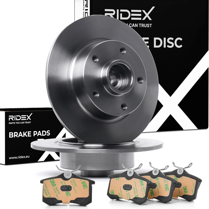 Image of RIDEX 3405B0965 Brake disc and pads set Rear Axle, Brake Disc Type: Solid, not prepared for wear warning indicator Brake Set,disc brakes (3405)