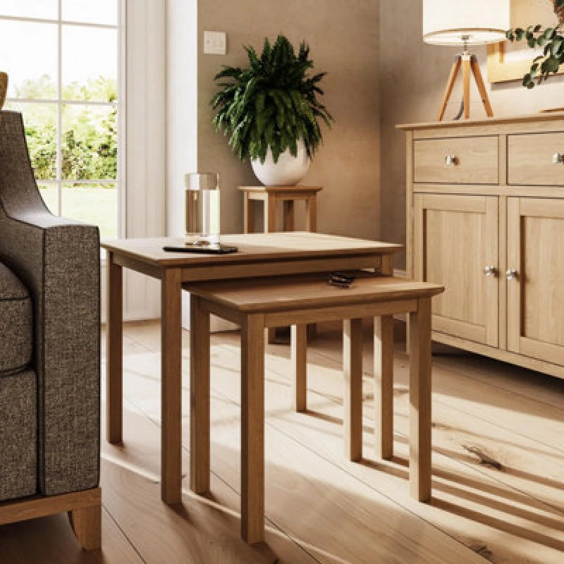 Image of FW Style Taberno Solid Oak Nest Of 2 Tables Natural, Brown TABNSTOK