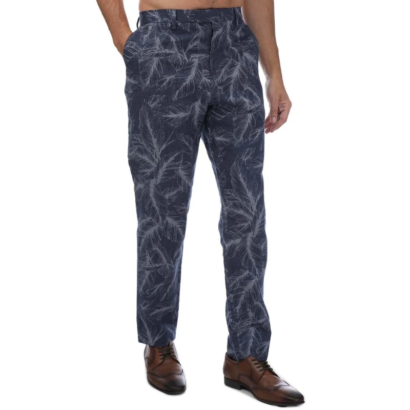 Image of Ted Baker Postot Cotton Linen Printed Trousers Navy male 28 inch