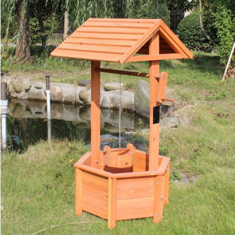 Image of Gr8 Garden Wooden Garden Wishing Well Bucket Planter Plant Flower Pot Patio Ornament Light Brown unisex