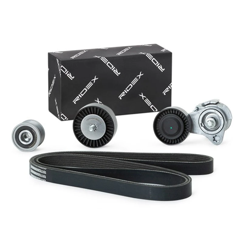 Image of RIDEX 542R0320 V-ribbed belt set Check alternator freewheel clutch & replace if necessary, Pulleys: with freewheel belt pulley V-Ribbed Belt Set (542