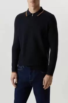 Image of Mens Super Soft Navy Tipped Texture Knitted Zip Polo Shirt