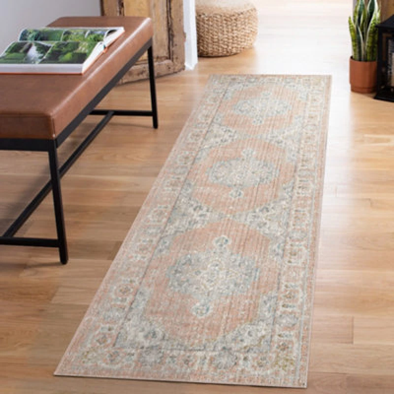 Image of Maia Washable Low Pile Non Slip Orchid Traditional Area Rug - Coral, 60 X 220 Cm (Runner)