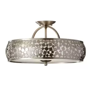 Image of 3 Bulb Semi Flush Light Metal Pieces Organza Shade Brushed Steel LED E27 60W
