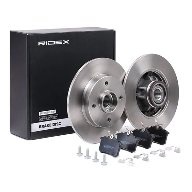 Image of RIDEX 3405B1332 Brake disc and pads set with accessories, Rear Axle, Brake Disc Type: Solid, not prepared for wear warning indicator, with brake calip