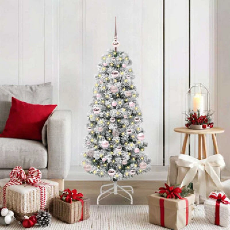 Image of vidaXL Artificial Hinged Christmas Tree with Pink Balls Green and white 120 cm, Green 3395579