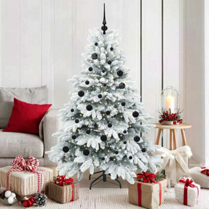 Image of vidaXL Artificial Christmas Tree with 150 LEDs, Black Balls Snow Flocked Green 150cm PE and PVC, Green 3397602