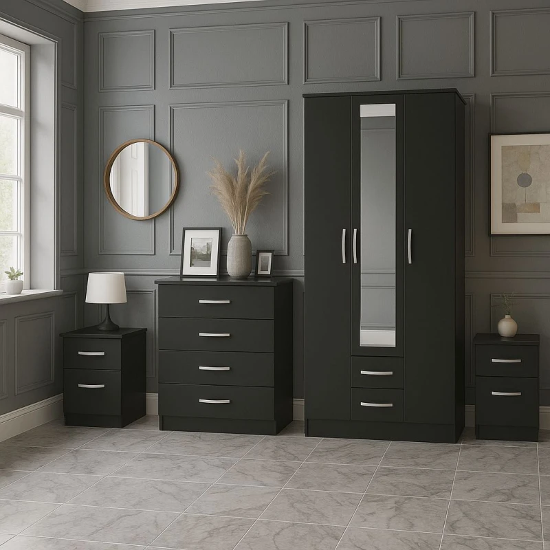 Image of Birlea Black Wooden 4 Piece Furniture Set Wardrobe Chest of Drawers Bedsides Birlea Lynx Black One Size Unisex 5056206656201