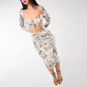 Image of Missguided Renaissance Print Tie Front Cut Out Ruched Midaxi Dress - Multi