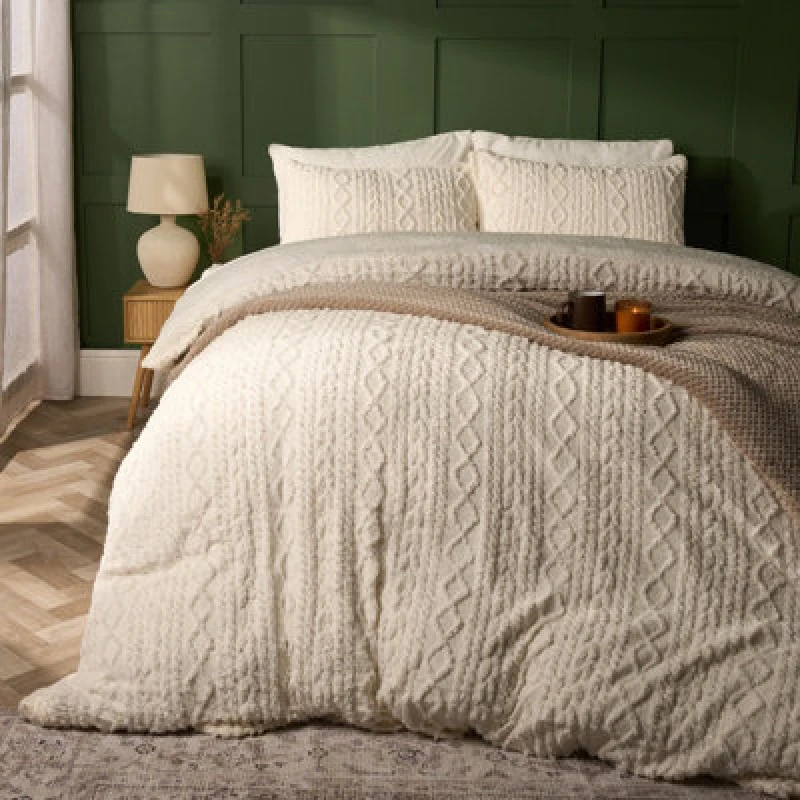 Image of OHS OHS Cable Knit Fleece Duvet Cover Set Warm Reversible Bedding in Cream Size: Single Cream Single Unisex 5027434189212