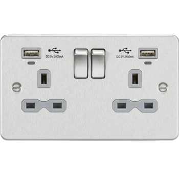 Image of KnightsBridge Flat plate 13A 2G switched socket with USB chargers (2.4A) - Brushed Chrome with grey insert