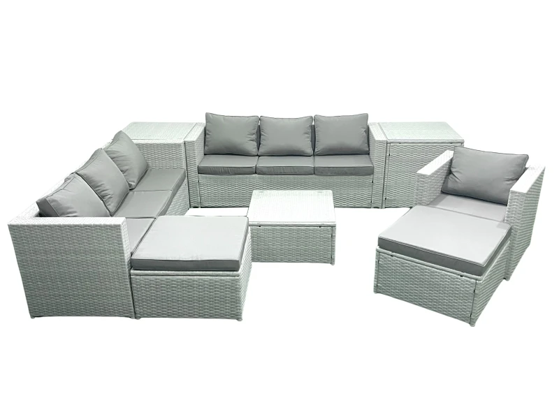 Image of Fimous Wicker PE Rattan Sofa Garden Furniture Set with Armchair Square Coffee Table 2 Big Footstools 2 Side Tables Light Grey Mixed Light Grey