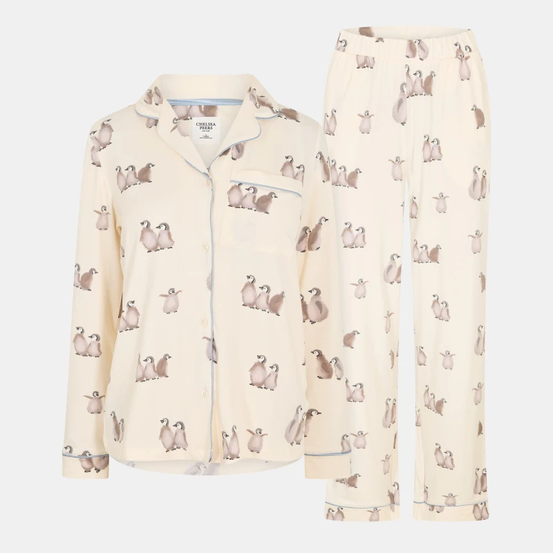 Image of Chelsea Peers Womens Long Sleeve Relaxed Fit Pyjama Sets White Penguins female 16 (XL)