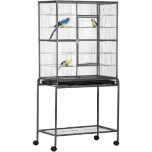 Image of Rolling Bird Cage w/ Detachable stand Storage Shelf Wood Perch Food Cup - Pawhut