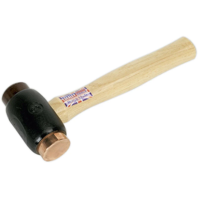 Image of Loops 3.5lb Copper and Rawhide Faced Hammer - Hickory Wooden Shaft - Iron Head Copper