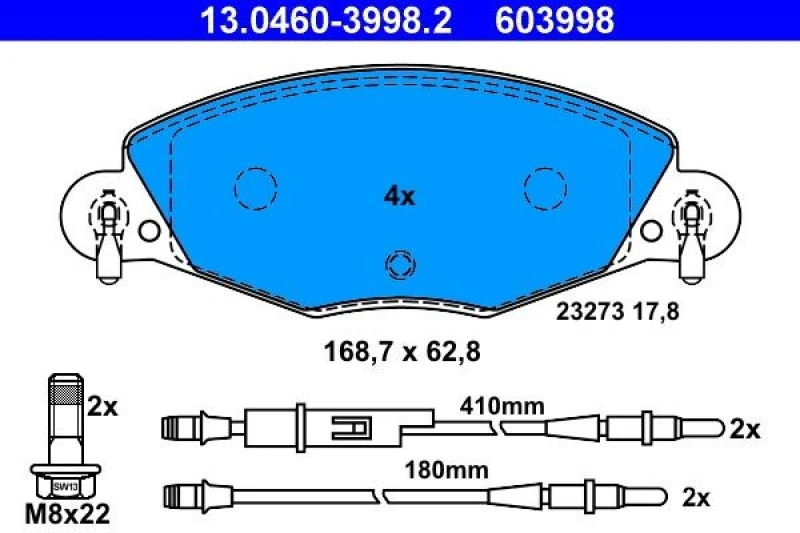Image of ATE 13.0460-3998.2 Brake pad set incl. wear warning contact, with brake caliper screws Brake Pad Set,disc brake (402)
