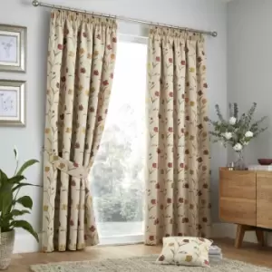 Image of Juliette Floral Jacquard Weave Pencil Pleat Lined Curtains, Natural/Red, 46 x 72" - Curtina