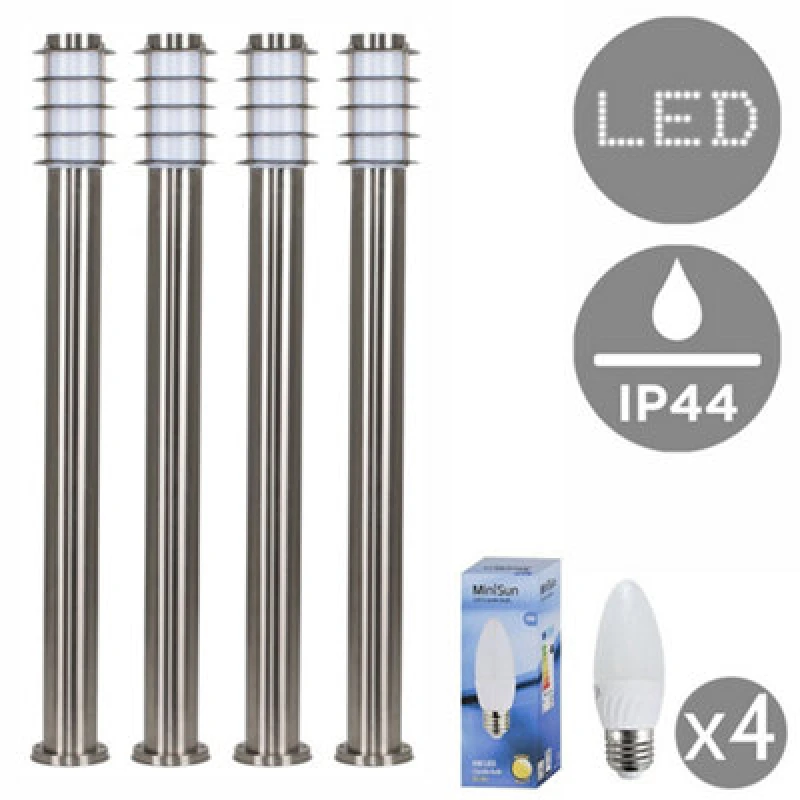 Image of Valuelights Wharf 4 X Outdoor Stainless Steel Bollard Lantern Light Posts - 1 Metre - Complete With 4W LED Candle Bulbs 3000K