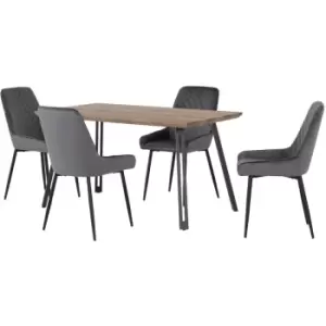 image of Seconique - Quebec Straight Edge Dining Set Medium Oak Effect with Grey Velvet Chairs