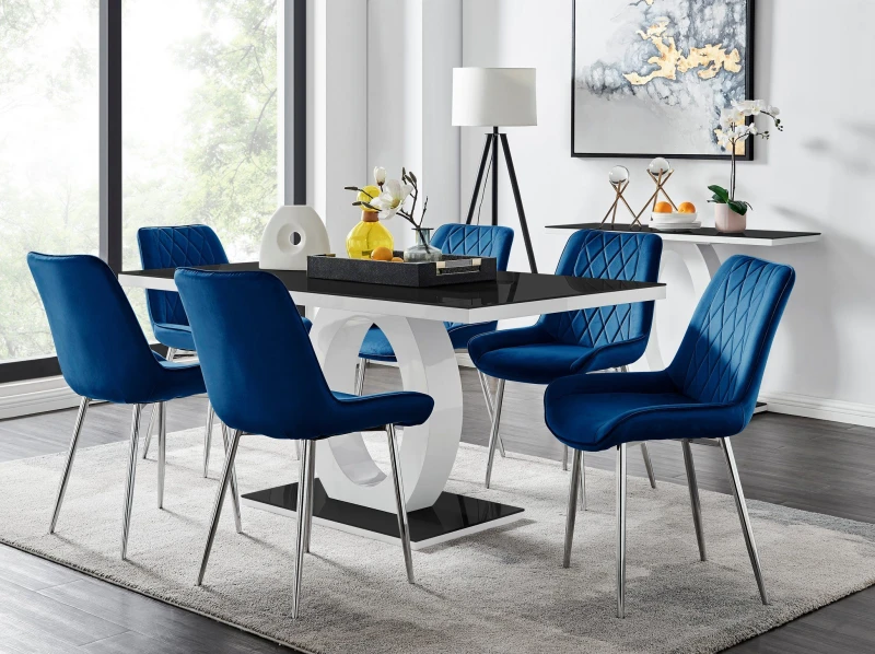 Image of FurnitureboxUK FurnitureboxUK Giovani Rectangular 6 Seat White High Gloss Unique Halo Base Dining Table in Navy Navy One Size Unisex 5056542665127