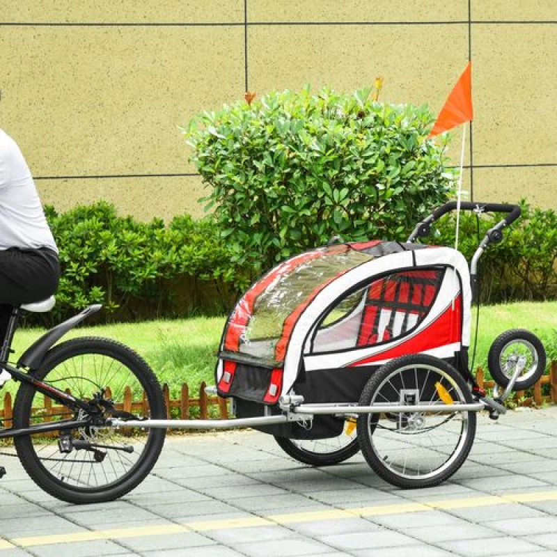 Image of HOMCOM 2-in-1 Kids 2 Seater Bicycle Trailer & Stroller - Red/White/Black, Red 440-001RD