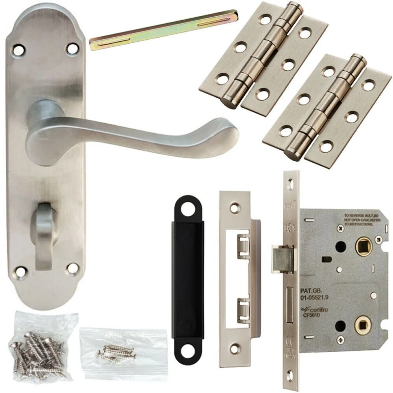 Image of Loops Door Handle & Bathroom Lock Pack Satin Chrome Victorian Upturned Bar Backplate Multi