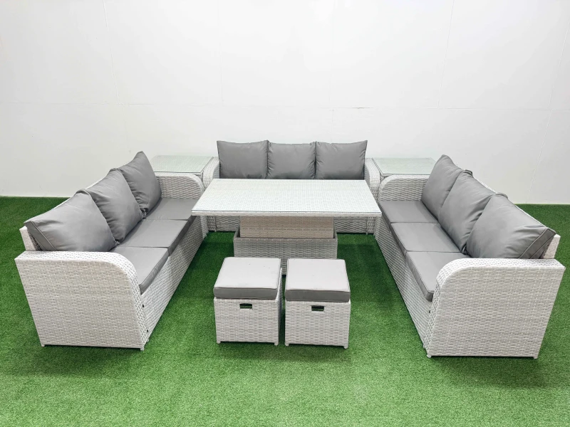 Image of Fimous PE Rattan Lounge Sofa Set 11 Seater Outdoor Garden Furniture Set with Adjustable Lifting Dining or Coffee Table 3 Seater Sofa 2 Stools 2 Side T
