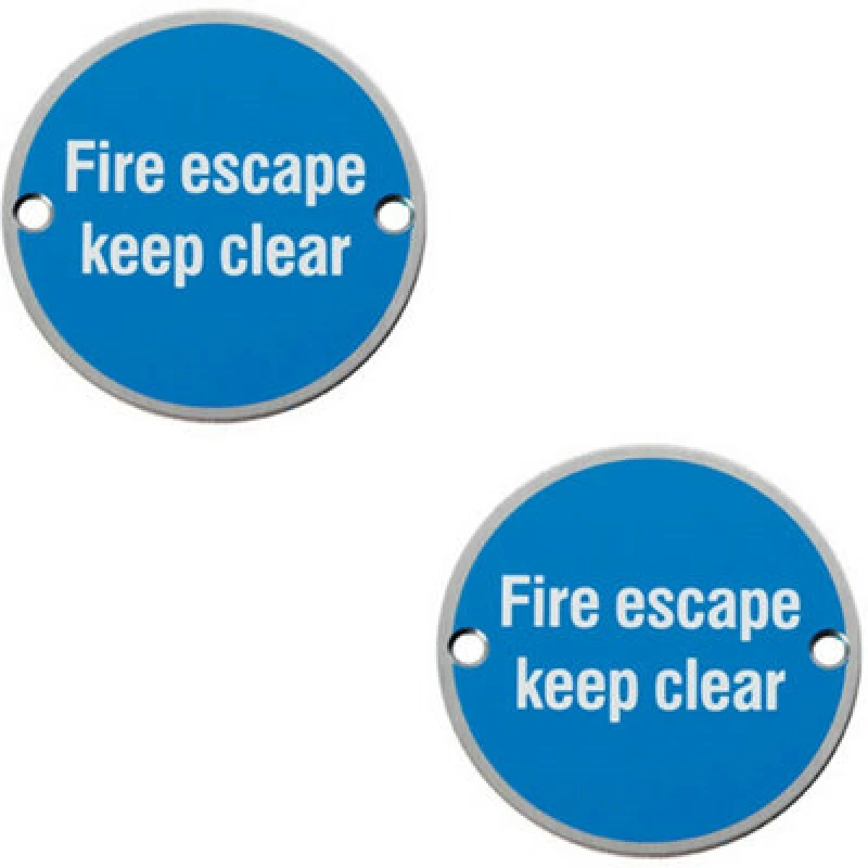 Image of Loops 2x Fire Door Keep Clear Sign 64mm Fixing Centres 76mm Dia Satin Steel Metallics