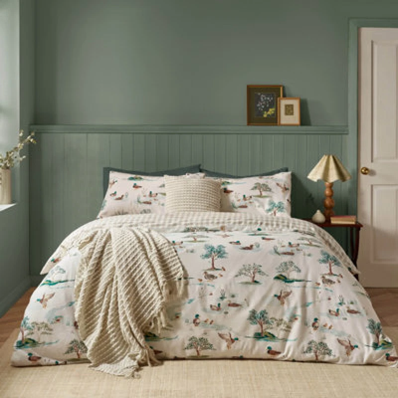 Image of Catherine Lansfield Brushed Mallards Cotton Reversible Double Duvet Cover Set With Pillowcases Cream