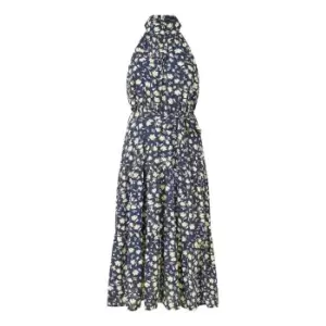 Image of Mela London Navy Halter Neck Floral Midi Dress - Blue