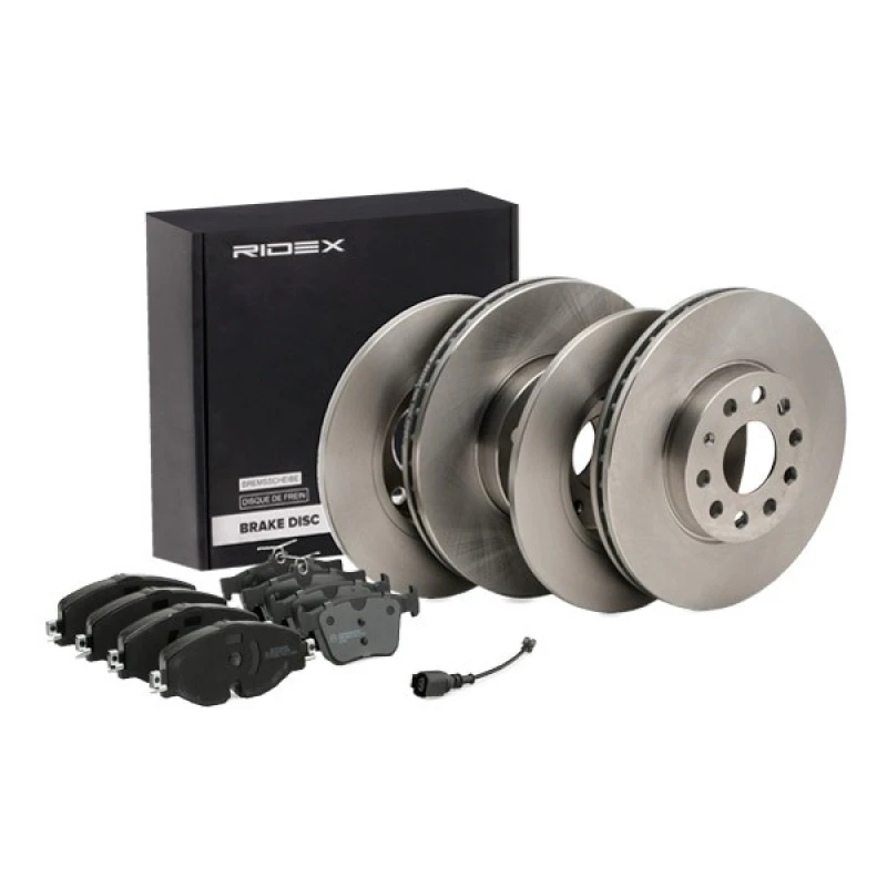 Image of RIDEX 3405B0502 Brake disc and pads set Rear Axle, Brake Disc Type: Solid, not prepared for wear warning indicator Brake Set,disc brakes (3405)