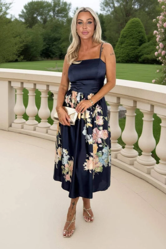 Image of AX Paris Womens Navy Floral Print Detail Strappy Midi Dress Size: 8 Navy Female 8